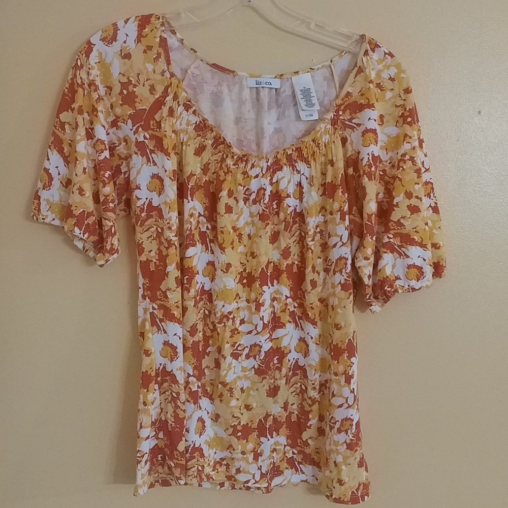 LIZ & CO. Comfy Yellow & Orange Floral Top Smocked Neckline M